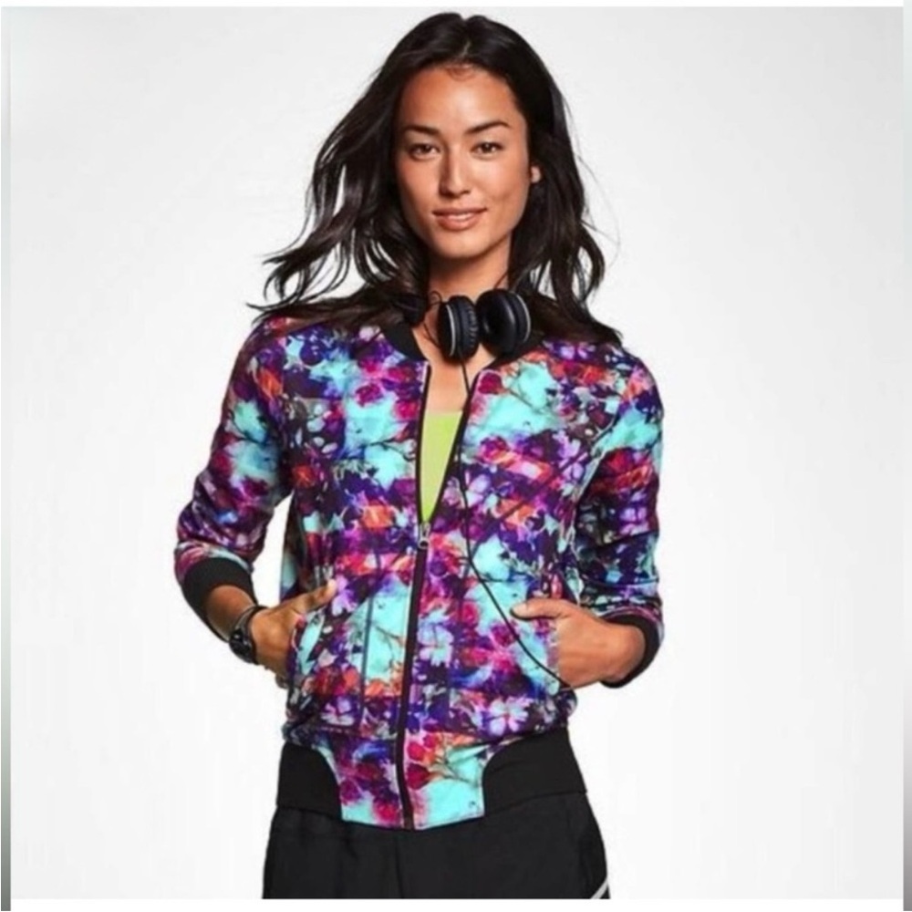 Athleta Floral Multicolor Fade Bombastic Bomber Zip Jacket Like New M